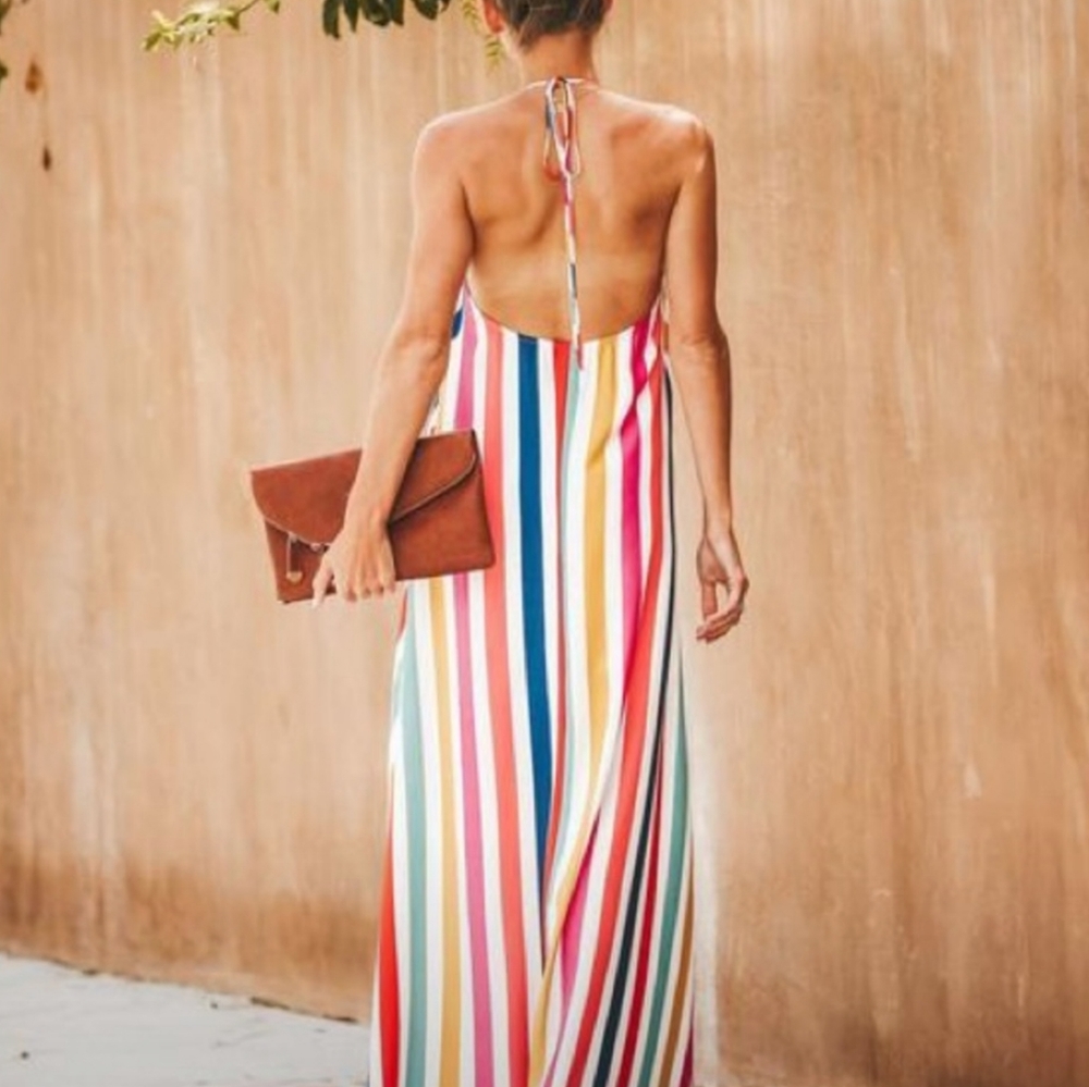 New VICI Colorful Striped Halter Maxi Dress Size M